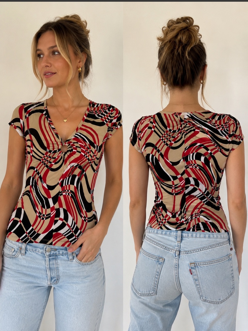 VTG Y2K 90s Obé Psychedelic Abstract O-Ring Cap Sleeve Retro Top Size M USA